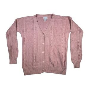Vintage Brownstone Studio Pink Heart Cable Knit Button Cardigan Sweater Women M